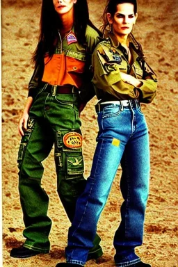 year 1997 denim fashion, combat pants, cargo, Loose fit, low waist, baggy. Colors: denim blue, blue, purple, khaki, light green, lilac, plum, orange, terracotta, red, pink, dark blue, beige. Patterns: cheetah, balls, stripes. Women models. Sharon Stone, Sandra Bullock, Winona Ryder, Milla Jovovich, Big tennis shoes on. Latex in small part, areas, clothes..Combat pants. Leg warmers.