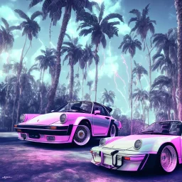 1980's aesthetic vaporwave palm trees and spheres and Porsche with lightning