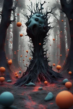 Irregular black spots, 8k, 3d render, Zdenek Burian, melting horror, tridimensional figures, intricate patterns, forest, sinister scribbles, colors, shot on Hasselblad, Yves Tanguy, tragicomic