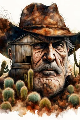 The old Cowboy of the Desert, double exposure cowboy face formed by a old weatheredmud hut with cactus and tumbleweeds around it, watercolor by Jean-Baptiste Monge and Yossi Kotler, Modifiers: sharp focus extremely detailed intricate oil on canvas portrait hyperrealistic high definition crisp quality