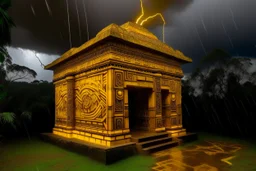 A yellow lightning Mayan temple designed in Australian aboriginal art