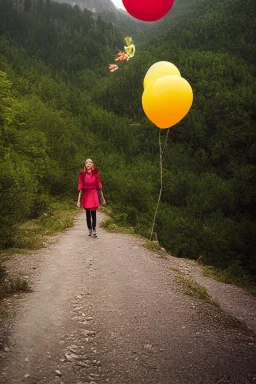 A beautiful girl walking along a mountain path, walking against the wind with balloons in her hand. nature, HD photography, Galen Rowell, David Muench, perfect composition, gloss, hyperrealism