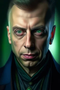 hyper real oil painting of vampire portrait with clear bluegreen eyes in spotlight feeling in control, zeiss prime lens, bokeh like f/0.8, tilt-shift lens 8k, high detail, smooth render, down-light, unreal engine, prize winning