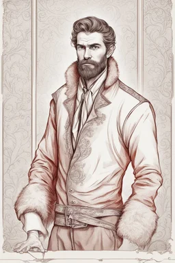 man, medieval, fighter, russian, croocked nose, czar, rich, simple clothes, short messy hair, thick beard, oligarch, leather coat with fur, brocade clothes, pencil drawing,red hair, muscles, background frame, 20 years old