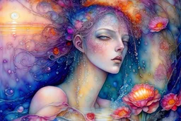 woman in bubblebath, wet on wet + sunrise, petals, watercolor patchwork by Daniel Merriam, Josephine Wall. elegant beautiful watercolor aquarelle