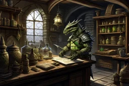 the lab of an argonian artificer in a fantasy realm