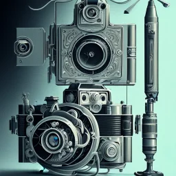 components of the camera laid out flat. poster design. high detailed. oil on canvas.