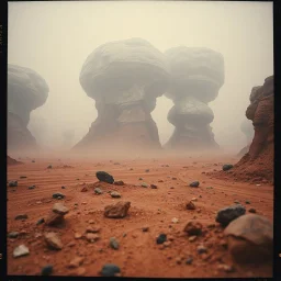 A striking quality close-up polaroid photograph captures a surreal wasteland su cui si ergono gigantesche immense enormi strutture di forma indefinita, fatte di materiali vari, ricoperte da materiale plastico argentato, rosso, nero, che scende a terra, spooky, creepy, details of the dust very accentuated, glossy, organic, adorned with minerals and rocks, fog. Bathed in feeble light, eerie, James Ensor style, black sun, fog, volumetric light, octane render, hasselblad h6d400c --ar 85:128-- v6