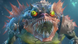 piranha humanoid supervillain, photorealistic, unreal engine 5, masterpiece, trending on artstation