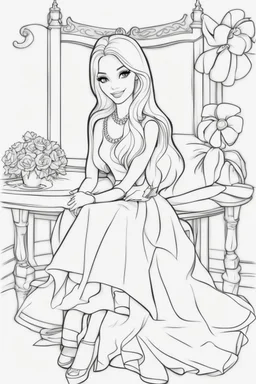 outline art for kids barbie coloring pages with barbie sitting , no background, sketch style, full body, only use outline, mandala style, clean line art, white background, no shadows and clear and well outlined. should look exactly like barbie