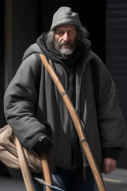 A homeless man carries a stick with his belongings on it.