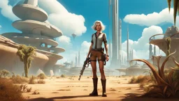 A slender 60-year-old woman, in brown shorts, a shirt and boots, one hand on her hip, the other holding a futuristic gun, standing in a deserted, empty fantasy city, with small clumps of strange plants and trees, blue sky with small white clouds.