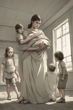 a giant woman protect 3 children, realistic style, interior of asylum