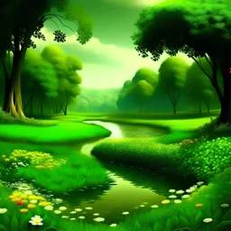 A green paradise with a river of water, trees and flowers