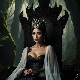 Morena Baccarin as a beautiful sexy dark elf queen seated elegantly on a throne in a mystical forest, dark celtic vignette frame, photo-realistic, cinematic lighting, award-winning photography