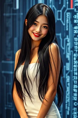 Beautiful Japanese woman, very long black hair, funny, smiling, red lips, black eyes, nice body, without cl, big bubs, dressing a short small white skinny dress, with dark and gloomy technological background, high image quality, good understanding of artificial intelligence to create the image.