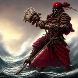 a pirate warrior in dark red full armor and mask, on his ship, holding a football, a highly detailed illustration, background of giant crashing ocean waves, realistic render, 8 k, micro detail, intricate, elegant, centered, digital painting, Artstation, smooth, sharp focus, illustration, artgerm, tomasz alen kopera, peter mohrbacher, donato giancola, joseph christian leyendecker, wlop, boris vallejo