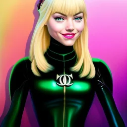 ultra detailed fullbody portrait of Gwen Stacy, wearing skintight Black costume, extremely detailed digital painting, intrincate, extremely detailed smiling face,crystal clear Big Green eyes, in the style of Adam Hughes , mystical colors , perfectly centered image, perfect composition, rim light, beautiful lighting,8k, stunning scene, raytracing