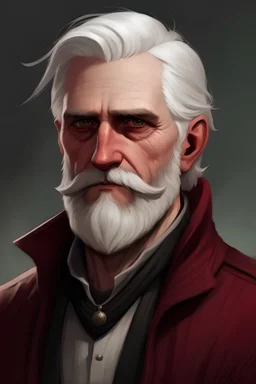 portraint of a man with white hair, skinny face, muscles, wine red and black jacket, and mid long beard, age 27