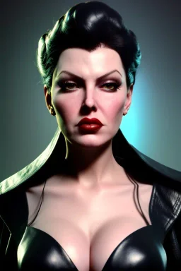 Lana Turner as evil queen in black leather, leather, busty, cleavage, angry, stern look. character design by cory loftis, fenghua zhong, ryohei hase, ismail inceoglu and ruan jia. unreal engine 5, artistic lighting, highly detailed, photorealistic, fantasy