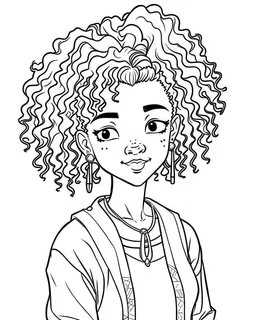 outline art for African american girlcoloring page, Japanese manga style, cartoon style, cute face, white background sketch style, full body is a must, only use outline, clean line art, no shadow, bold outline