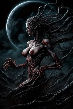 A dramatic digital painting portraying a horror monster under the Moon, veins pulsing, claws of temptation visible, soul in turmoil. In the style of Luis Royo and Boris Vallejo and Giger, vivid colors, swirling brushstrokes, highly detailed, 8k resolution, surrealistic., juicy emotions, painting, gloomy fantasy, gloomy day, dark world, portrait, oil and graphite, wide strokes, a weaving frame around, by Ryohei Hase, Agnes Cecile, Raymond Swanland, Anne Bachelier