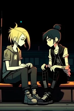 2D animasyon gece oturmuş birbirleri ile sohbet eden 2 kız kısa saçlı ve daha güzel kıyafetler daha detaylı punk tarzı saçları farklı