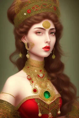 A beautiful Arab woman with white skin, brown hair, long curly hair, red cheeks and lips, wearing an elegant red dress from the Victorian era, wearing a necklace and earring made of green sapphire and gold