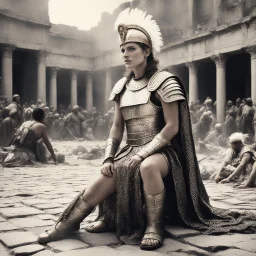 [vintage style noisy scratches glitches, Shot the texture and then rewound the film and double exposed the face] [old faded image of a woman Roman legionary crouching in sandal tall amidst the chaos of the Roman celebration. Clad in gleaming chainmail, a majestic plume in hairs, she exudes an aura of strength and determination that sets her apartaround herstraw-covered ground, demonic, satanic,] Retrofuturism: Where Yesterday’s Tomorrow Still Shines