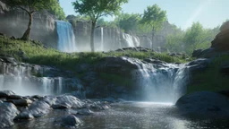 Sunny day, Epic waterfall landscape, rocks foreground