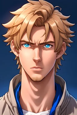 Anime tan-haired and blue-eyed, light-skinned casual male portrait, 8K resolution, high quality, ultra graphics, and detailed with lines.