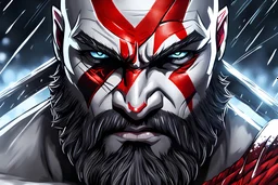Kratos in 8k 2D anime realistic drawing style, neon, close picture, rain, highly detailed, high details, detailed portrait, masterpiece,ultra detailed, ultra quality