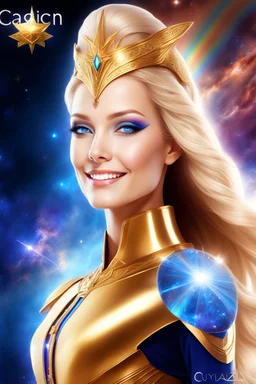 cosmic woman smile, admiral from the future, one fine whole face, crystalline skin, expressive blue eyes,rainbow, smiling lips, very nice smile, costume pleiadian, Beautiful tall woman pleiadian Galactic commander, ship, perfect datailed golden galactic suit, high rank, long blond hair, hand whit five perfect detailed finger, amazing big blue eyes, smilling mouth, high drfinition lips, cosmic happiness, bright colors, blue, pink, gold, jewels, realist, high,rainbow commander, intergalactic ufos