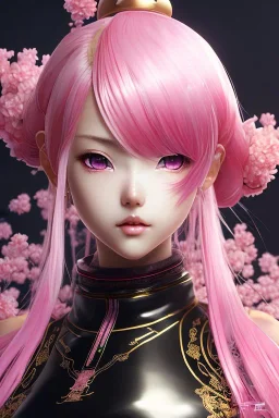 Detailed cute anime Kunoichi girl, pink hair buns, pink bangs, black latex bodysuit, intricate details, full body portrait, keep head in frame, slight smile, black Japanese motif, concept art, highly detailed, digital painting, concept art, sharp focus, illustration, art by Yoji Shinkawa, WLOP and greg rutkowski and alphonse mucha and artgerm and yanjun Chen and Junji ito and Makoto Shinkai, HDR, octane render