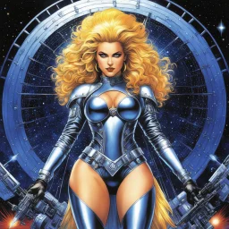 heavy metal / metal hurlant: psychedelic) Wait, you want The She-Commander 1994, from the deep vault of the mind's eye? Yeah, okay, I see her, floating between the stars and the electric currents of the machine consciousness. She’s not just commanding; she's merging with the Curvy Blond Hair starship. Here's the visual riff, amplified by high-vibration noise and synthesized sound: (Psychedelic space opera comic illustration, in the vein of Philippe Druillet's Délirius (1973) mixed with the hyp
