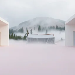 A super high definition photo of an open space with white structures and a large computer screen. A transparent tarpaulin covers a ruined building. There is a group of fir trees in the background and a high hill in the distance. The surface below is in a pastel color. Fog is present.