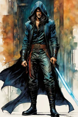 Create a fine art print , illustration of a small hooded epic fantasy sword and sorcery thief character with long flowing hair , finely lined and detailed facial features, in an laced jerkin leather jerkin and breeches , a short oriental cloth belt at the waist, stealthy soft leather slippers, , in the comic book style of Bill Sienkiewicz, Howard Chaykin, Mike Mignola, Philippe Druillet, and Jean Giraud Moebius, precisely drawn, colored and inked