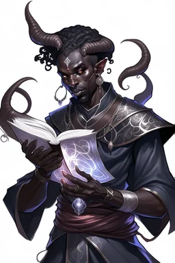 En male black skin tiefling fra dnd holding a book with Arcane Magic simple swirling around them in a silver Rope