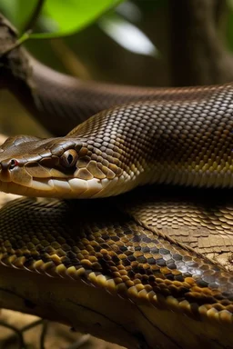A brown snake on a branch colour with slimy, scaly skin. It will have large, bulging eyes that glow long, tentacle-like appendages that it .sturdy, yet flexible body,sharp claws on its wings and feet,long, slender tail