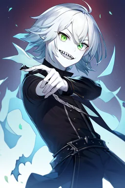 plauge doctor in balck leather clothes with silver hair, pale skin and bright green eyes smiling with sharp teeth, nice young face, male, viscious smile