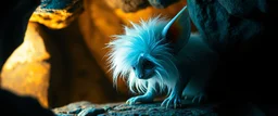 pen outline with some neon airbrush, glowing quickling pixie gremlin in the shadows with long fluffy white fur looking at awesome glowing cave painting, pin hole camera, in the style of Rembrandt