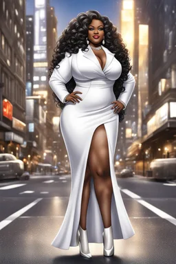 Create a digital airbrush cartoon of a plus size African American female wearing a white business suit with white heels. Prominent make up with hazel eyes. Highly detailed very long extremely curly black hair. She is wearing silver and diamond Jewely that shines of the lights. Her skin is smooth and silky. Background of a busy city street