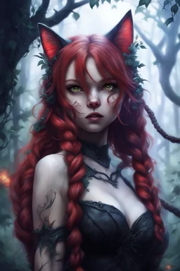 CAT GIRL, FANTASY, FORESTY, VINES, SOULLESS, FLUFFY TAIL, RED HAIR, BRAIDS, METAL