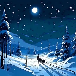 Зимний пейзаж. Равнина, сугробы искрящегося воздушного снега. Тёмная ночь, небо усыпано звёздами, полнолуние. Снег падает на землю. Вдали человек едет по дороге на санях, которые везёт лошадь. Впечатляющая картинка. Рисунок. Мультяшный стиль.