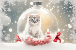 Double exposure, merged layers, Christmas fantasy, cat Christmas ornaments, gifts, double exposure, snowfall, heart, snowflakes, icy snowflakes, burlap, gems and sparkling glitter, sunshine