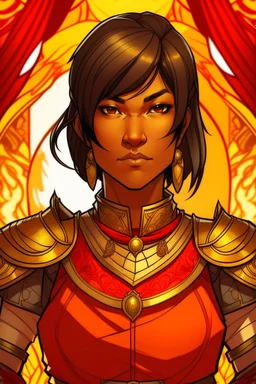 an anime drawing of a 40 year old thai woman. she looks middle aged. and has a stern look on her face. round face. dark tan skin, toned and muscular. short in height. dark brown hair in a bob cut. she is wearing an armour over a beautiful thai gown. she has a sun themeing. and the color scheme is red and yellow. she is holding a shield and a sword