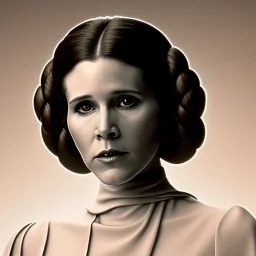 analog style, half-length color photo shoot, three-quarter face pose of carrie fisher as Princess Leia with realistic fine and very simple short hair, entrancing deep brown eyes, Intricate, High Detail, Sharp focus, realism, rim lighting, Nikon D850, ef 85mm 5.6 by Annie Leibovitz, dark plain background