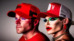 many men wearing red trucker hats enjoy the drag queens that tell stories to children