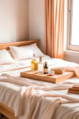 Bedroom with a light summer quilt in beige. Pillow . A table of wood with a toothbrush. And one box of perfume