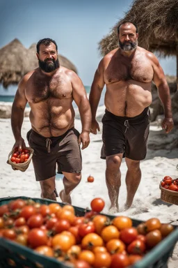 close up shot photography of two tired chubby muscular beefy hairy burly 39 years old ugly turkish carpenters, short beard, shaved hair, shirtless, manly chest, bulging white shorts, tired eyes, walking on the beach in the sun holding tomatoes baskets, big shoulders, side light, sweat and wet, ground view angle